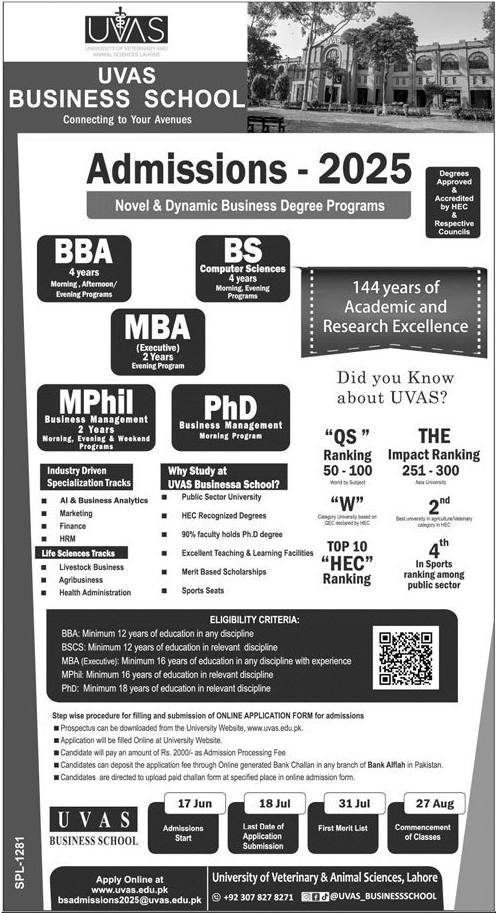 Admission Open in UVAS Business School Lahore